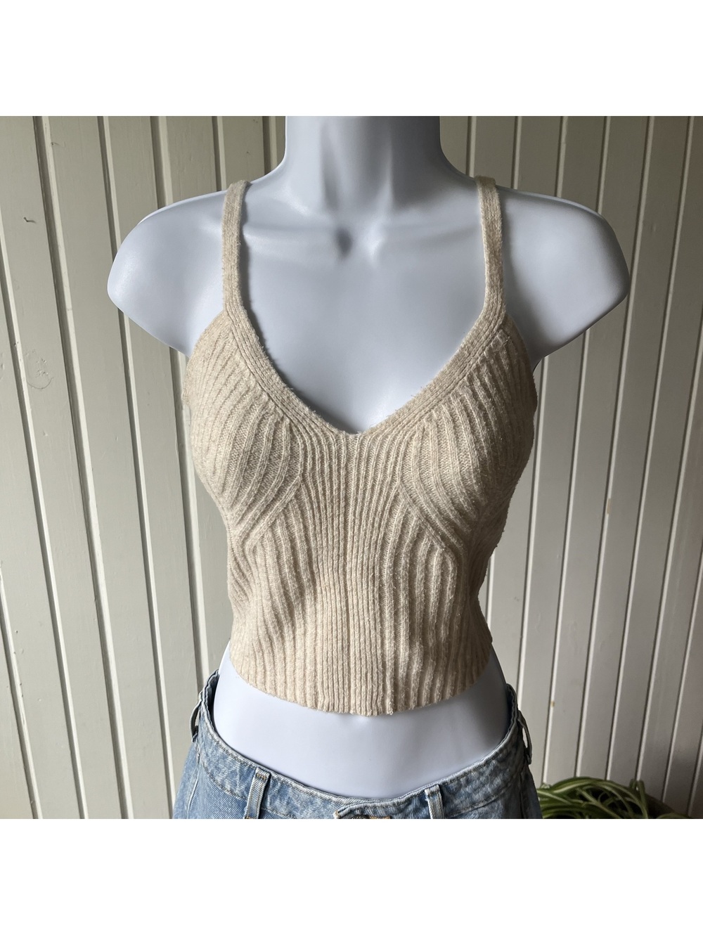 Auden Neutral Cropped Ribbed Knit V-Neck Sweater Tank Top Cami Boho S